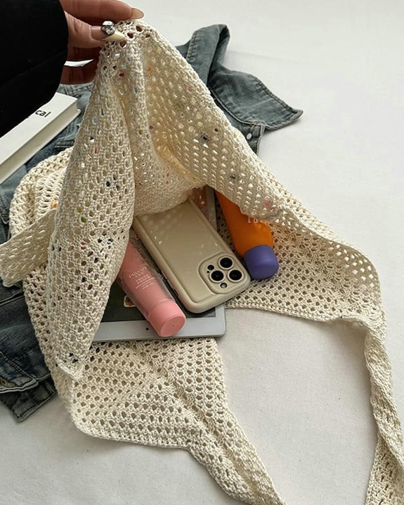 Zhengup Woven Tote Bag for Wineb Crochet Hobo Bags Beaded Shoulder Bag Trendy Knit Hollow Summer Beach Handbag Purse