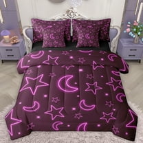 Homewish Cartoon Stars Moon 7pcs Bedding Comforter Set,Modern Geometric Striped Queen Bedding Sets,Neon Pink Queen Sheet Sets For Girls Kids,Luxury Bedroom Decor Reversible