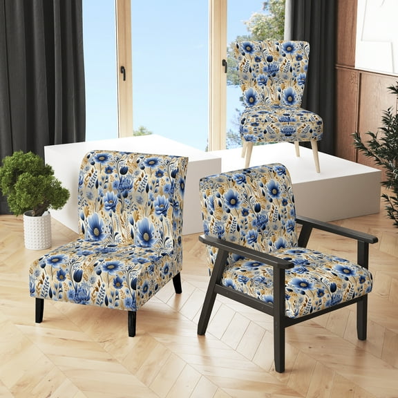 Designart "Blue Meadow Floral Tapestry" Blue Floral Upholstered Accent Chair - Cottage Arm Chair For Bedroom