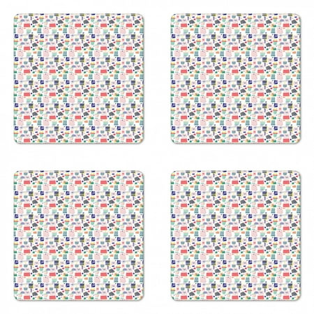 

Modern Coaster Set of 4 Doodle Shopping Bags Gift Boxes and Presents Celebration Girly Lips Illustration Square Hardboard Gloss Coasters Standard Size Multicolor by Ambesonne