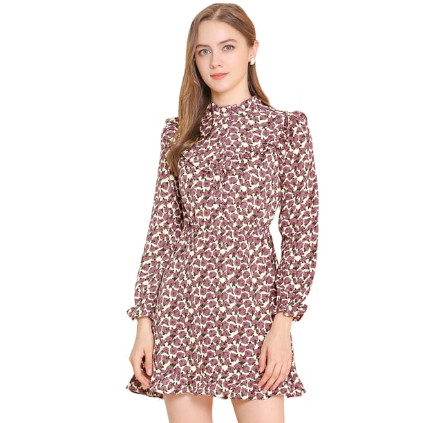 Allegra K Vestido De Flores Cintura Elástica Cuello Alto Con Volantes Botones Para Mujer Beige XL Unique Bargains ajustado