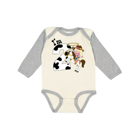 

Inktastic I m Two-cowgirl riding horse birthday Girls Long Sleeve Baby Bodysuit