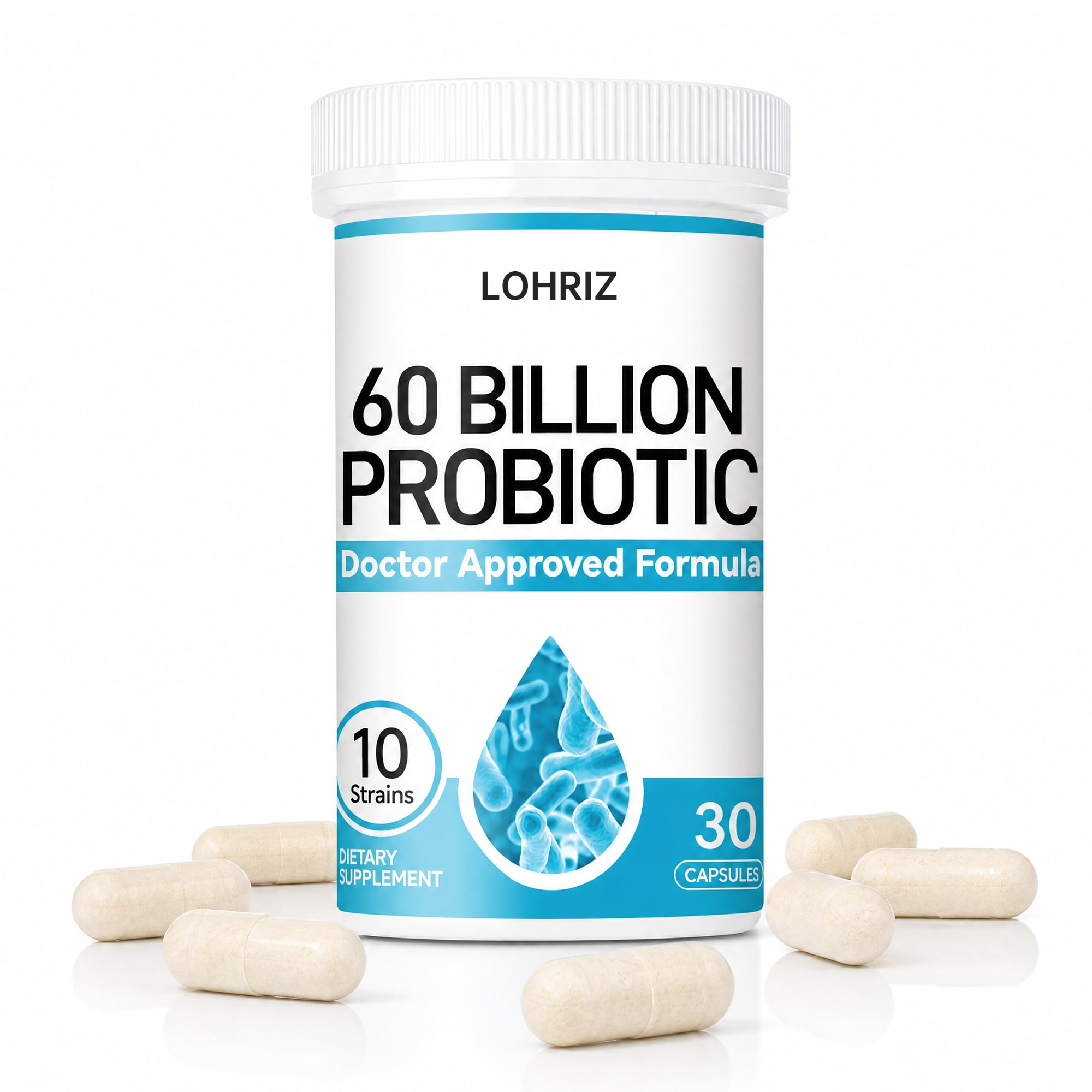 60 Billion CFU Probiotic for Women & Men, Multi-Strain Probiotic Supplement with 10 Strains, Daily Digestive & Gut Health Support Capsules, 30 Count
