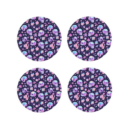

Junzan crystal Skull flower cool Print Coasters for Drinks - Leather Coasters Set of 4 for Coffee Table for Housewarming/Kitchen/Bar/Decor-Round Shape