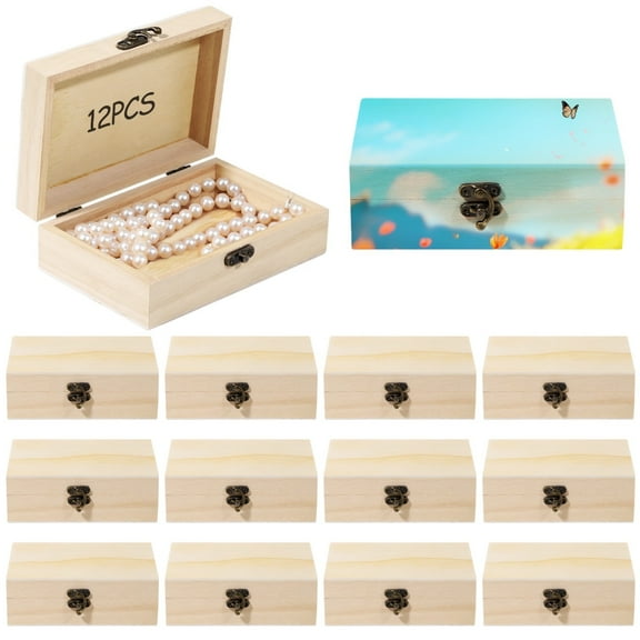 12PCS Unfinished Wooden Boxes, Wood Small Craft Unpainted Boxes with Hinged Lid, Jewelry Keepsake Rectangle Boxes, Treasure Gift Storage Cases for DIY Craft Home Storage Art Project
