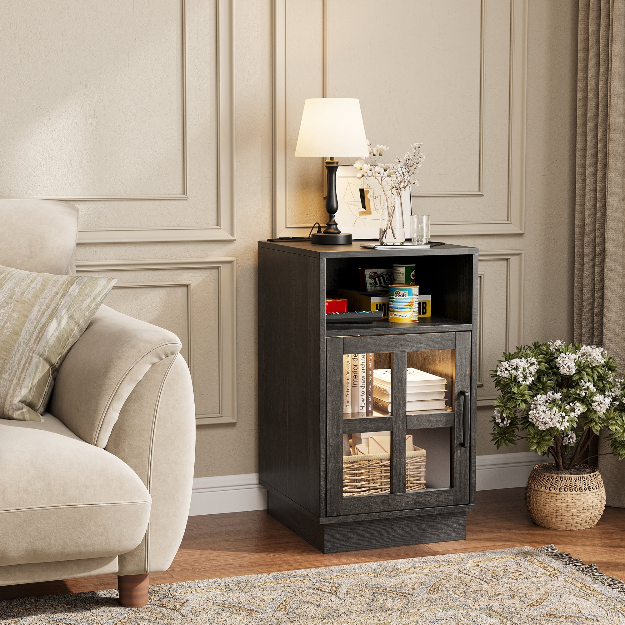 VEANERWOOD End Tables for Living Room with Charging Station & LED Light, Nightstand for Bedroom with Glass Door and Adjustable Shelf, Black