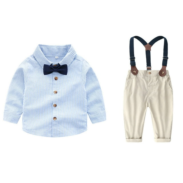 Conjunto de traje para niños Camisa de manga larga Pantalones con tirantes Pajarita Conjuntos de trajes para niños Azul 100 cm