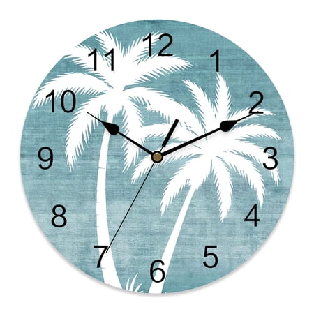 Wall Clock Tropical Palm Tree Clocks PVC Silent Non-Ticking Battery Operated Decorative Summer Coastal Teal Blue Sky Round Clock for Home Living Room Kitchen Bedroom Office School Wall Decor 10 Inch