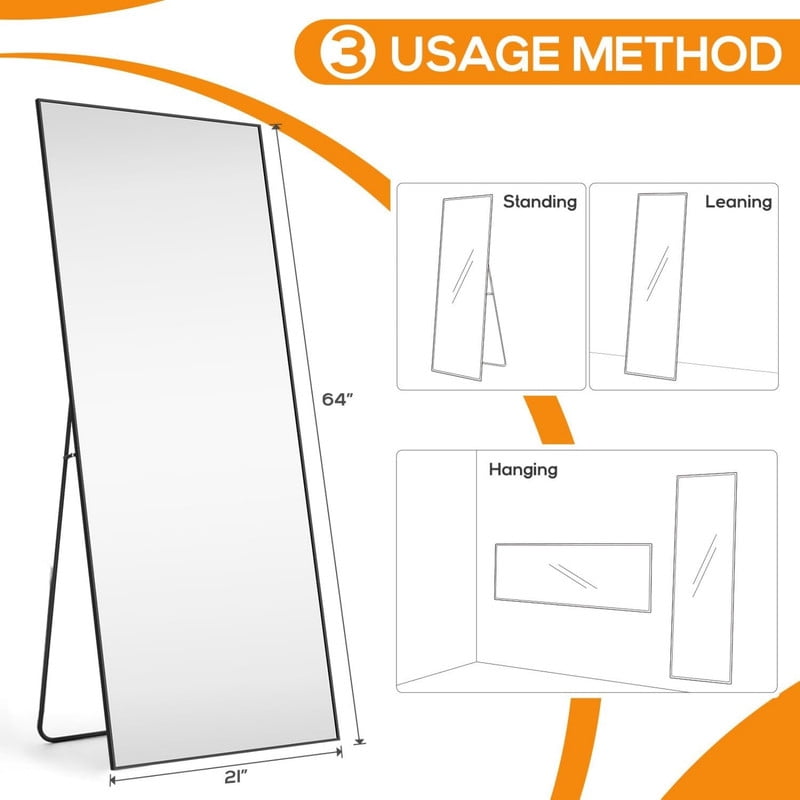 Gleamira 64"x21" Rectangle Full Length Mirror Floor Mirror Free Standing Mirror with Metal Frame, Black