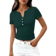 thumbnail image 2 of Dwellite Women Henley T Shirts Ribbed Button Slim Fit Basic Casual T Shirts Trendy Basic Spring Blouse 2026 Dark Green M, 2 of 7
