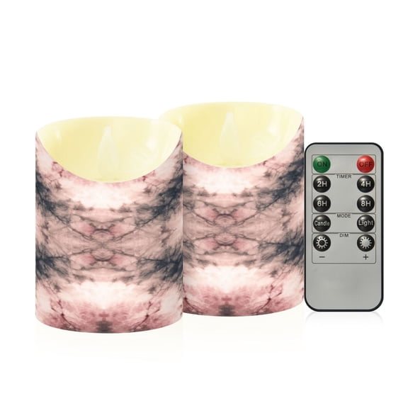 2 PCS Tilted Flameless Candles Flickering LED Lights Battery Operated Candles with Remote Timers for Holiday Decor Soft Pink Tie-dye Pattern
