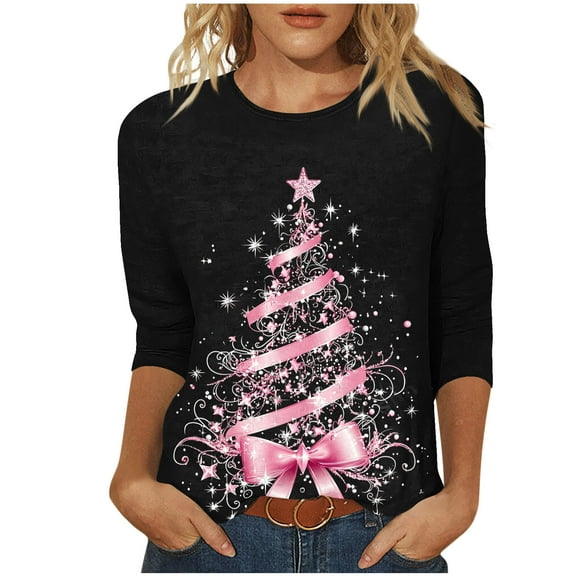Christmas Shirts for Women Christmas Tree Graphic Tops 3/4 Length Sleeve Crew-Neck T-Shirts Loose Fit Blouses Fashion Holiday Tee Shirt Dressy Casual Clothes Funny Outfits