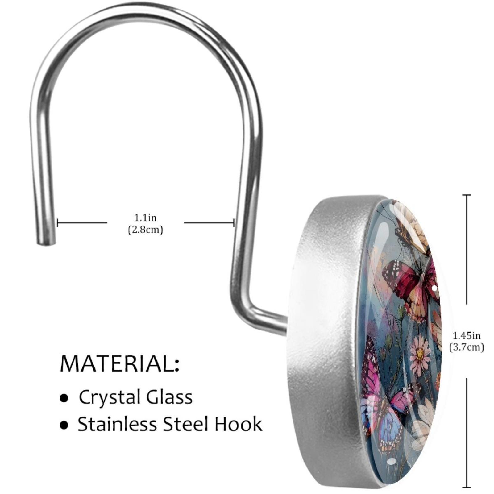 Butterfly White Daisy Wildflower Shower Curtain Hooks Round Crystal Glass, Set of 12 Shower Curtain Rings - Shower Hooks for Curtain Shower Rings