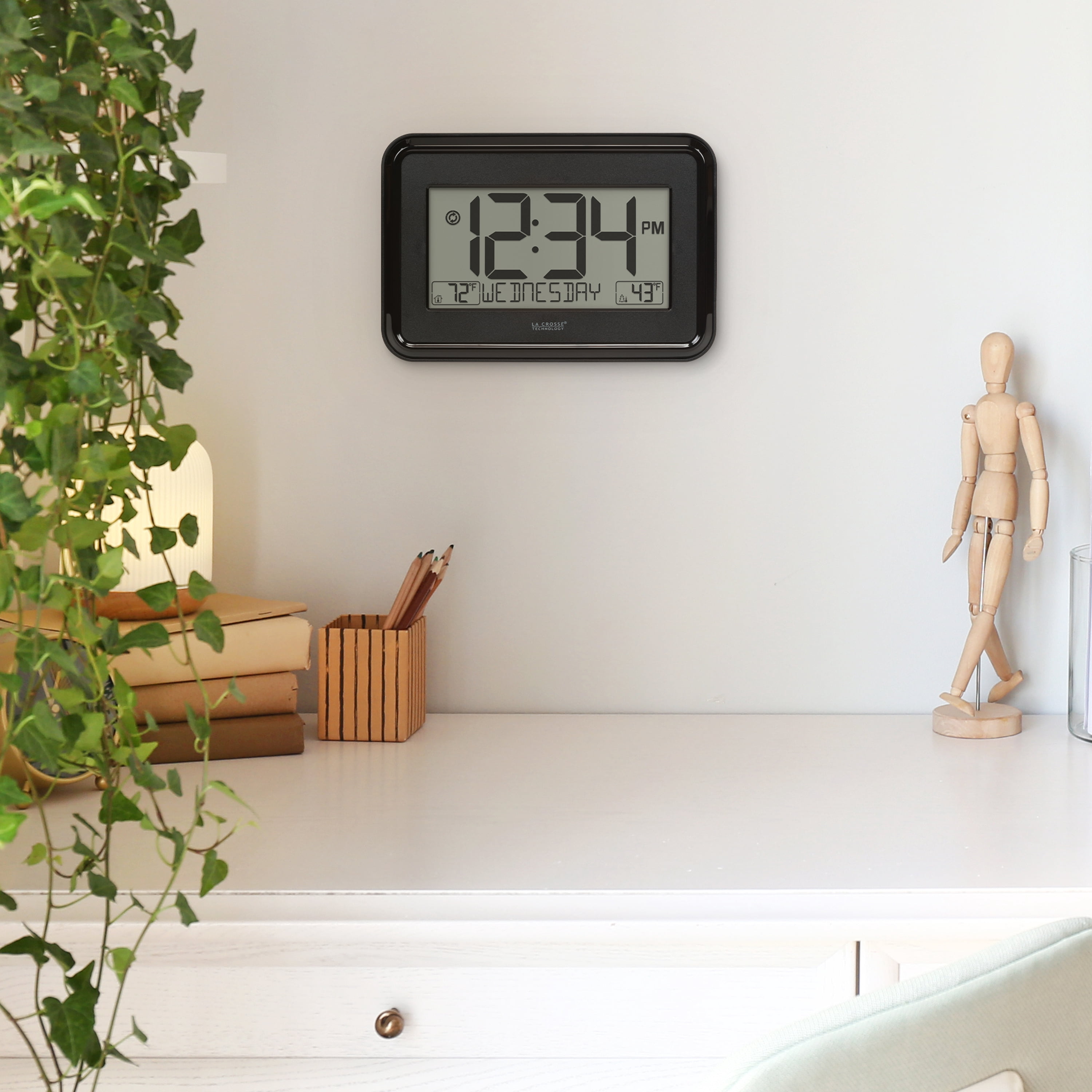 La Crosse Technology Black Digital Wall Clock with Indoor & Outdoor Temperature, 513-1412