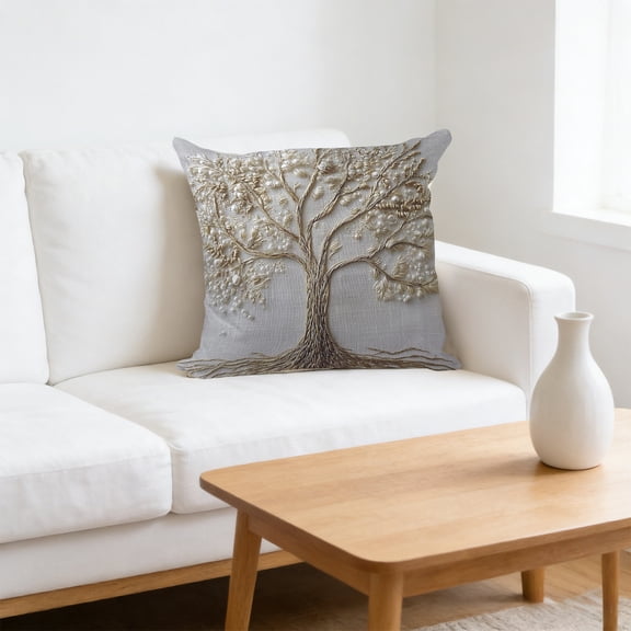 Nature Inspired Faux Embroidery Pillow Cover with Mushroom and Tree Motifs, Soft Polyester Decorative Cushion Case for Sofa and Bed, Machine Washable Home Decor