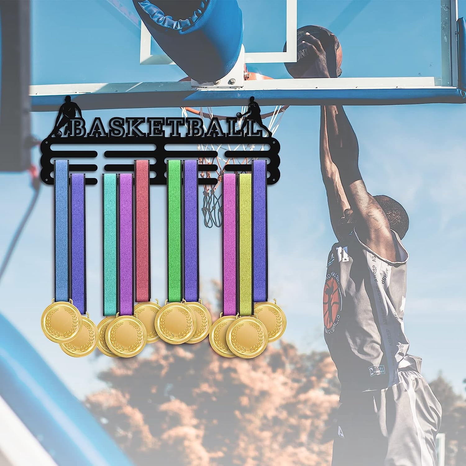 Medal Display Hanger Holder Basketball Medal Holder 15.7” Awards Ribbon Hanger Medal Display Wall Rack Sports Medal Hanger Display for Sports Athletes Basketball Awards Cheer