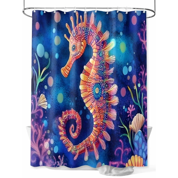Fsddascl Coastal Seahorse Shower Curtain Set - Small 36" x 72" Washable Bathtub Curtain with 12 Hooks, Summer Watercolor Ocean Coral Waterproof Fabric Stall Shower Curtains for Bathroom/Bathtub