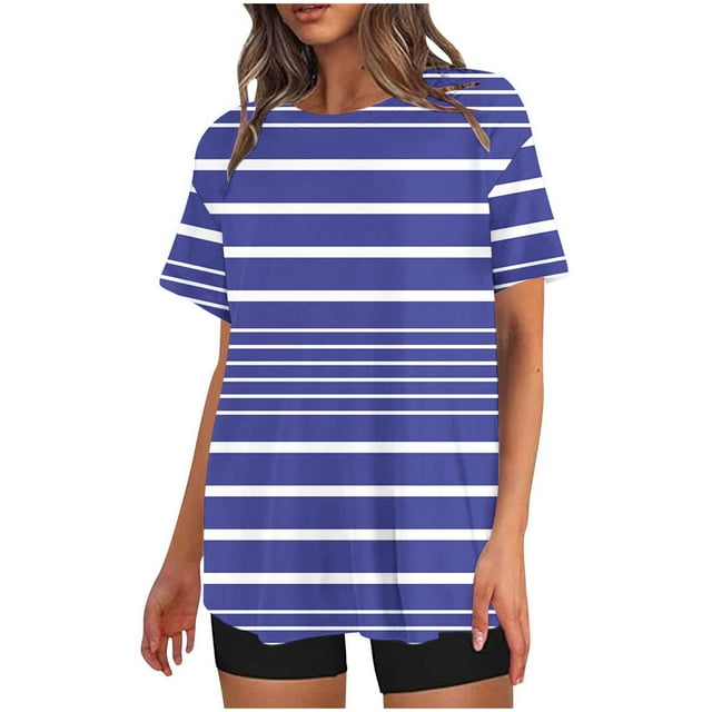 Mikilon Ensemble Élégant pour Femmes 2 Pcs Mode Décontractée Rayé Imprimé Col Rond Épaule Tombante Short Ensemble Deux Pièces Violet-C TP