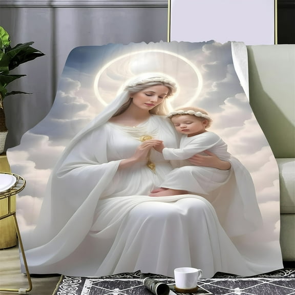 Ultra-Soft Virgin Mary Flannel Blanket Heavenly Mother & Youngsters Design Cozy Throw for Indoor & Outdoor Use Throw Blanket Virgin Mary Print Plush Texture Blanket