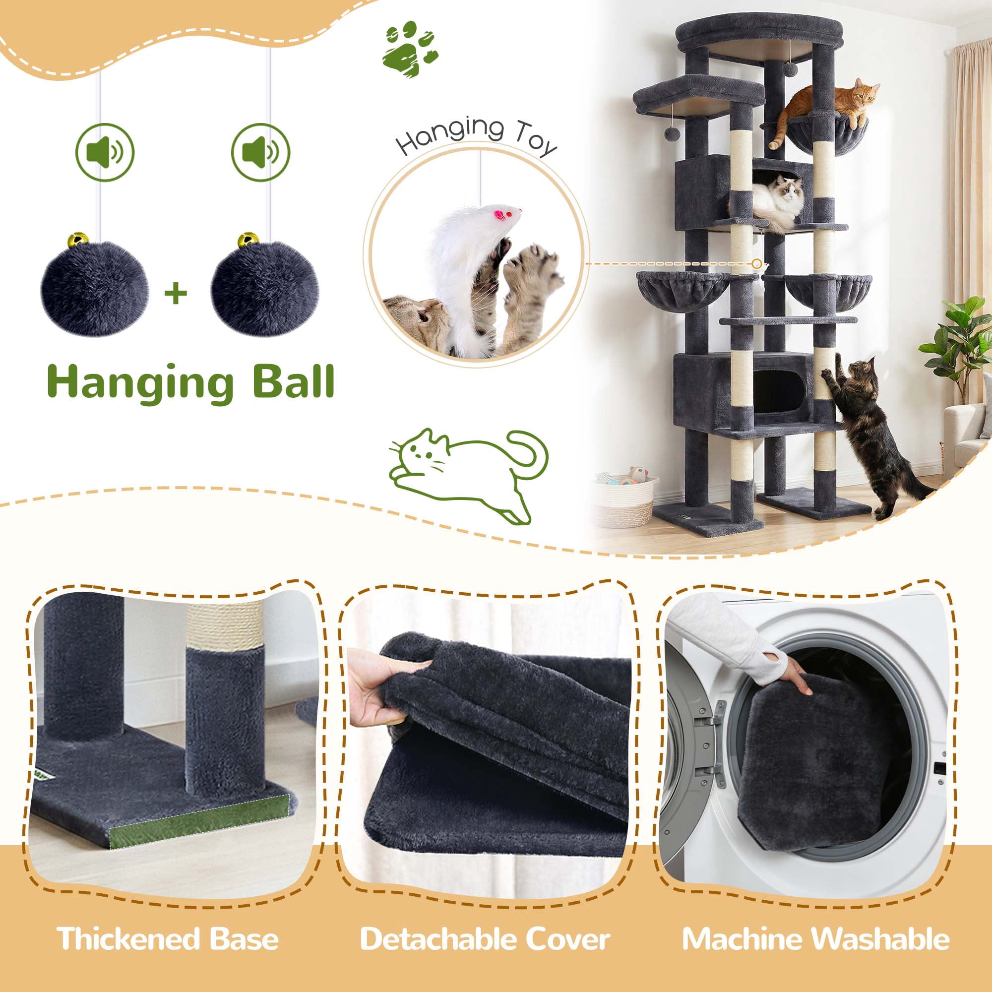 Globlazer 84" Multilevel Large Cat Tree Tower for Indoor Cats with 2 Condos, 3 Hanging Baskets & 8 Scratching Posts, Dark Gray