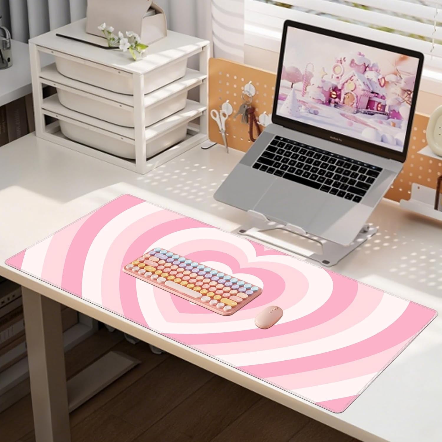 Pink Desk Mat,XXL Extended Large Mouse Pad,Gaming Mousepad with Stitched Edge,Non-Slip Rubber Base Keyboard Desk Pad for Home Office Study Game (Pink Heart)