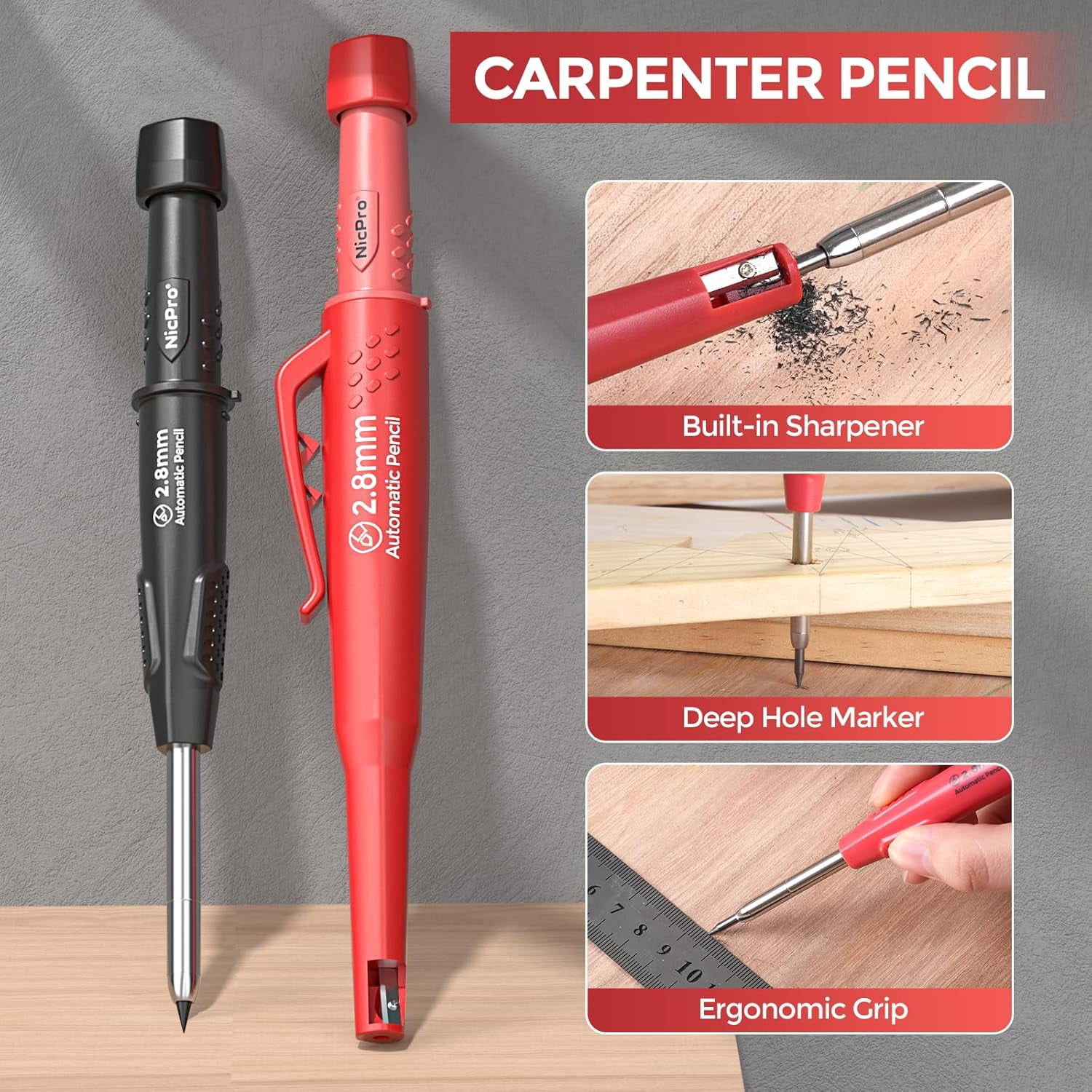Nicpro 24 Pack Carpenter Pencil Set with Sharpener, Mechanical Carpenter Pencils with 79 Refills, Deep Hole Marker, Carbide Scribe Tool, Heavy Duty Construction Pencil for Architect Woodworking