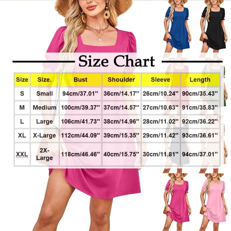 Dresses For Women Summer A-Line Square Neck Short Sleeve Solid Color  Pleated Flowy Mini Short Dresses Hot Pink L - Walmart.com