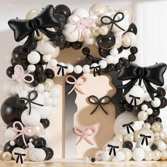 Black and white pink bow balloon arched set, with pearl white sand balloon, with silk foil bow, suitable for single girls, weddings, ladies party decoration