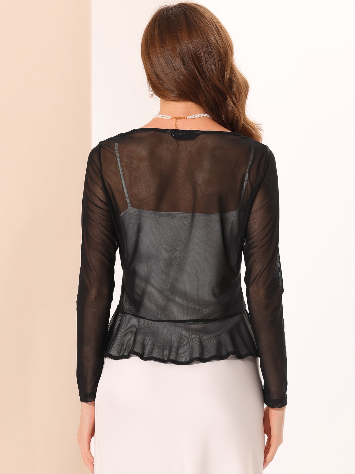 DARING DIVA Women's Ruffle Mesh Shrug Long Sleeves Self Tie Bolero Cardigan L Black
