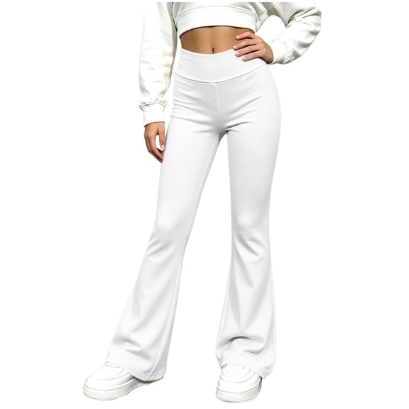 BLVB Girl's Flare Pants High Waisted Yoga Bootcut Pants Teen Kids Full Length Bell Bottoms Legging(White,14-15 Years)