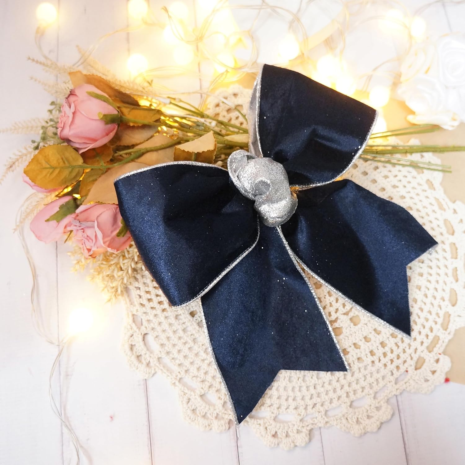 4" Navy Blue Velvet Silver Glitter Backing Wired Ribbon 10 Yards for Christmas Tree Wedding Wreath Gift Wrapping Home Décor DIY