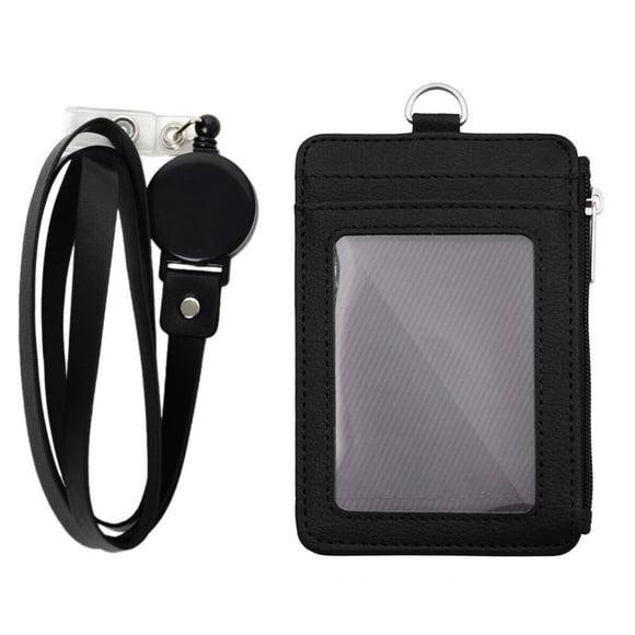 Badge Holder with Zipper, ID Card Holder Wallet with 5 Card Slots, 1 Side Pocket and 20" Retractable Neck Lanyard