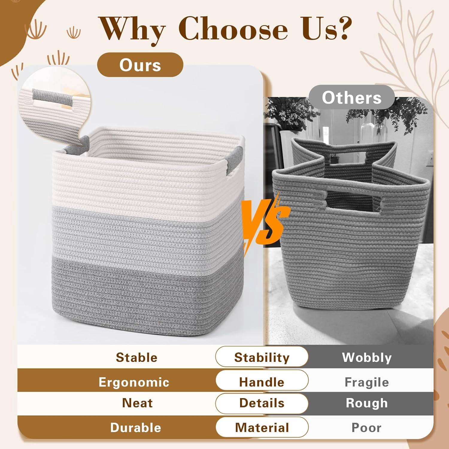Natubeau 3 Pack Woven Storage Basket for Shelves, 11 Inch Cube Storage Bins, Cotton Rope Woven Baskets for Organizing, Gradient Grey