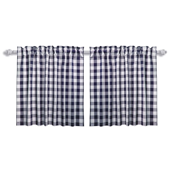 Aiking 2 Panels of 28" x 24" Picnic Plaid Rod Pocket Kitchen Curtains / Cafe Tiers, Polyester, Navy and White