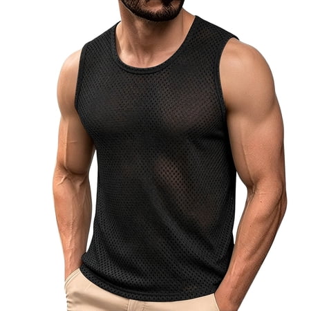 TaTaai Mens Summer Mesh Tank Top Sleeveless Crew Neck Wide Shoulder Solid Lightweight Quick Dry for Sports Base Layer