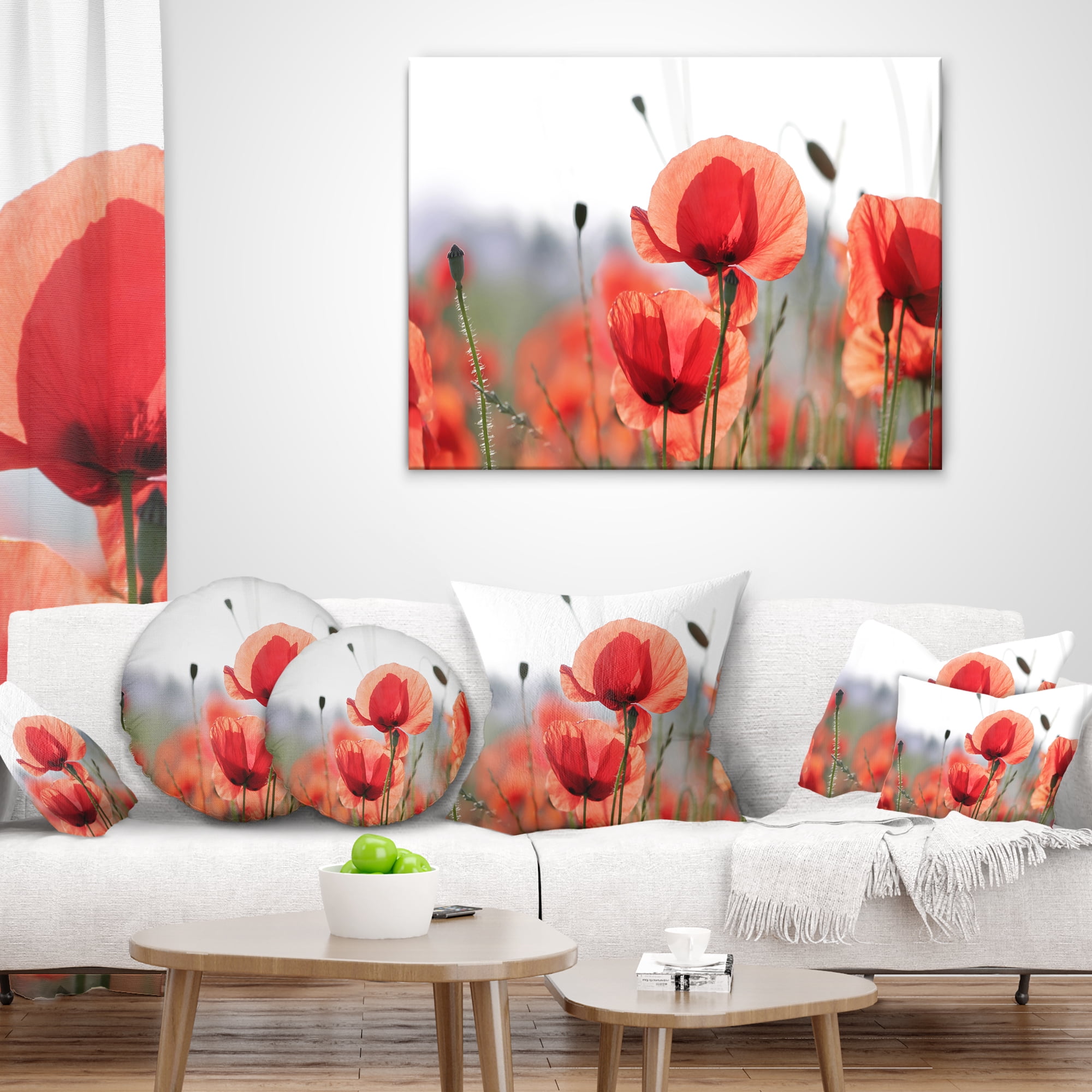 Designart Soft Poppy Flowers Petals View - Floral Throw Pillow - 16x16