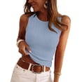 thumbnail image 2 of Women's Sleeveless Ribbed Knit Tank Top Round Neck Slim Fit Casual Basic Summer Camisole Blouse 06-Light Blue S, 2 of 5