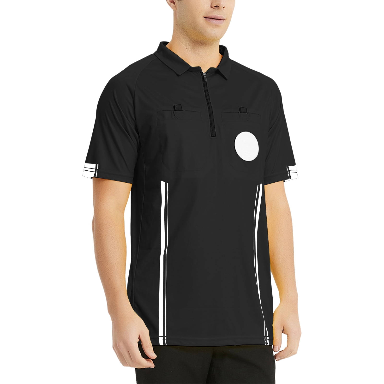 Toptie Men\'s Soccer Referee Jersey Officials Pro Short Sleeve Referee Shirts-Black-XS