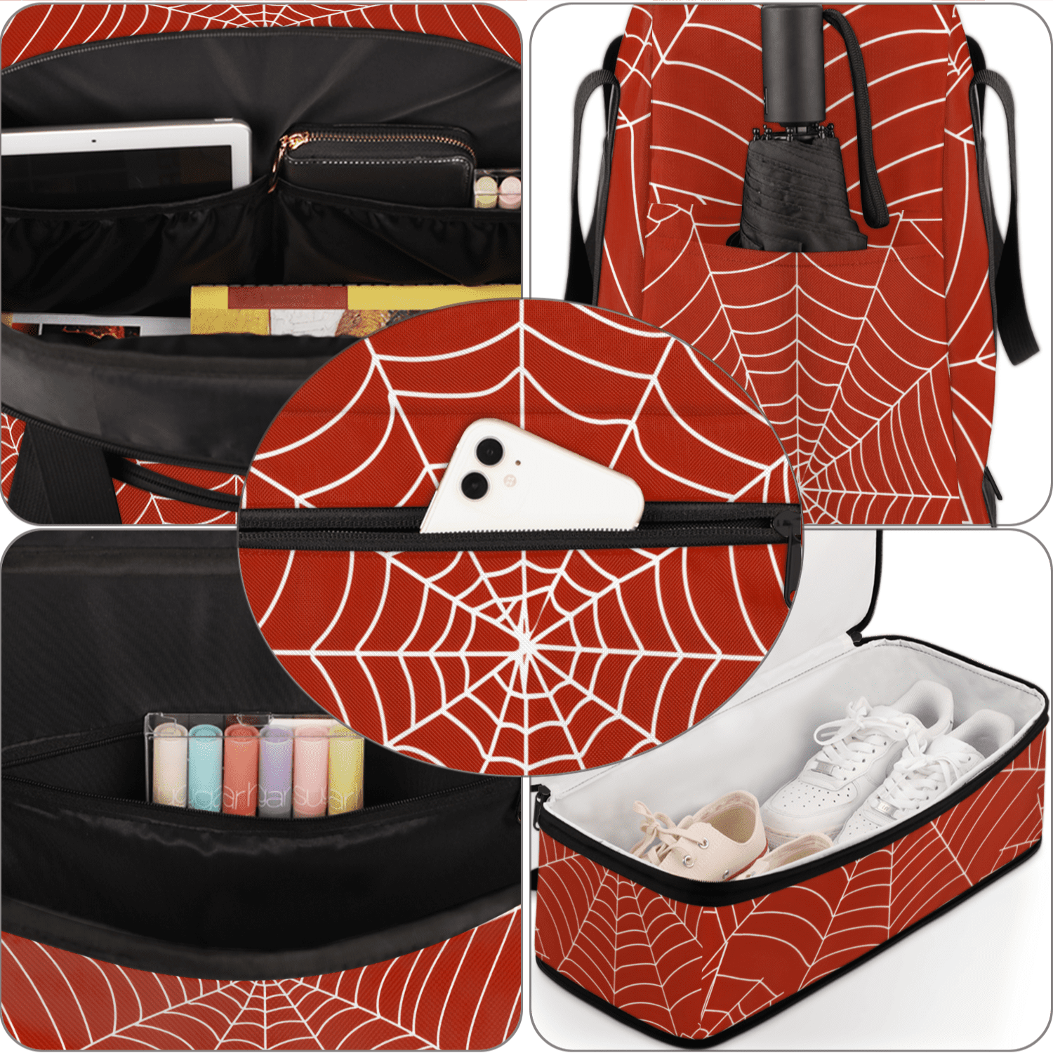 Herdesigns Spiders Web Travel Duffel Bag with Shoe Compartment Red Large Foldable Waterproof Weekend Overnight Bag for Beach Swim Pool Bags Sports Gym