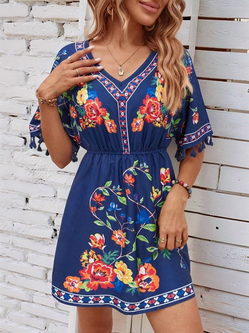 Fiesta Embroidered Mexican Dress for Women Beach Vacation Plus Size Short  Sleeve Summer Boho Dresses with Pocket Blue L - Walmart.com