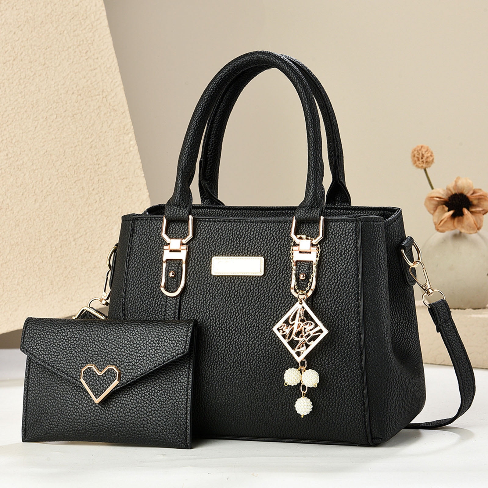 Faraee 2Pcs Purses and Handbags for Women Fashion Shoulder Crossbody Tote Bag Top Handle Satchel Set with Wallet Black