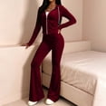 thumbnail image 5 of Iyufng 2 Piece Velvet Sets for Women Cropped Zip Up Hooded Jacket and Elastic Waist Flare Pants Tracksuit Outfit with Side Pockets, 5 of 6