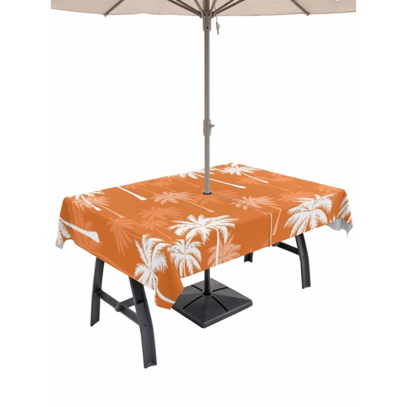 Outdoor Tablecloths with Umbrella Hole & Zipper, Tropical Palm Tree Tablecloth Rectangle 60x84 Inch, Orange White Plants Coastal Leaf Beach Waterproof Table Cloth, Patio/Pool/Picnic Table Covers