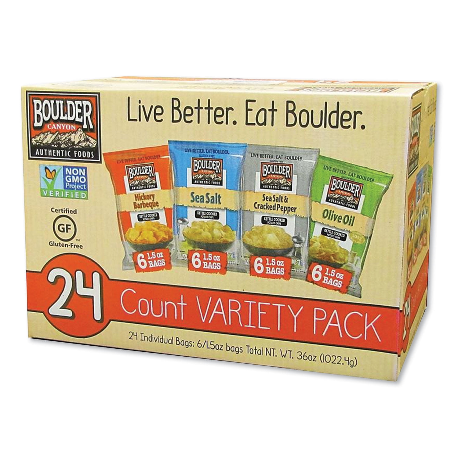 Boulder Canyon Chips Variety Pack Hickory Barbeque, Sea Salt, Sea Salt