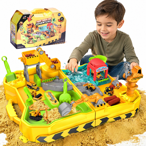 JoyStone Construction Sand Kit for Kids, Sand and Water Table with 4 Alloy Construction Trucks and Molds, Foldable Sandbox Sensory Toy with Dry-Wet Separation, Beach Toys for Boys Girls