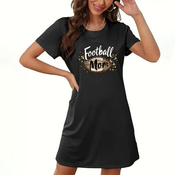 Sakmal Thanksgiving Moomoo Nightgowns Women Black Lightweight Loose Comfy House Dress Crew Neck Short Sleeve Short Football Mom Print Nightgowns S-2XL