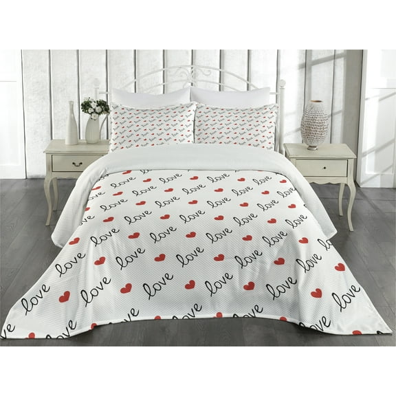 Ambesonne Romance Quilted Coverlet 3 Pcs, Love Valentines Day, Queen Size, Vermilion Black