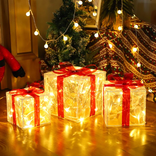 Set de 3 cajas de regalo iluminadas con iluminación navideña FUNIAO con 60 LED