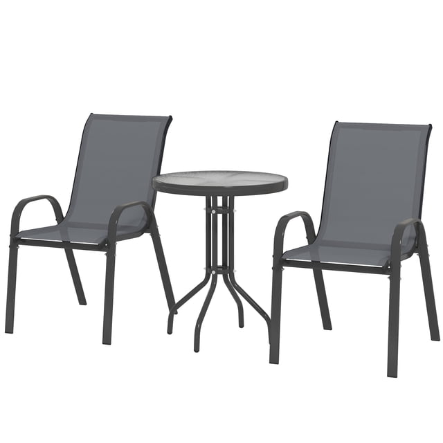 CoSoTower 3 Pieces Bistro Set, Small Patio Furniture Set with Stackable Mesh Chairs, Glass Table for Garden, Balcony, Dark Grey