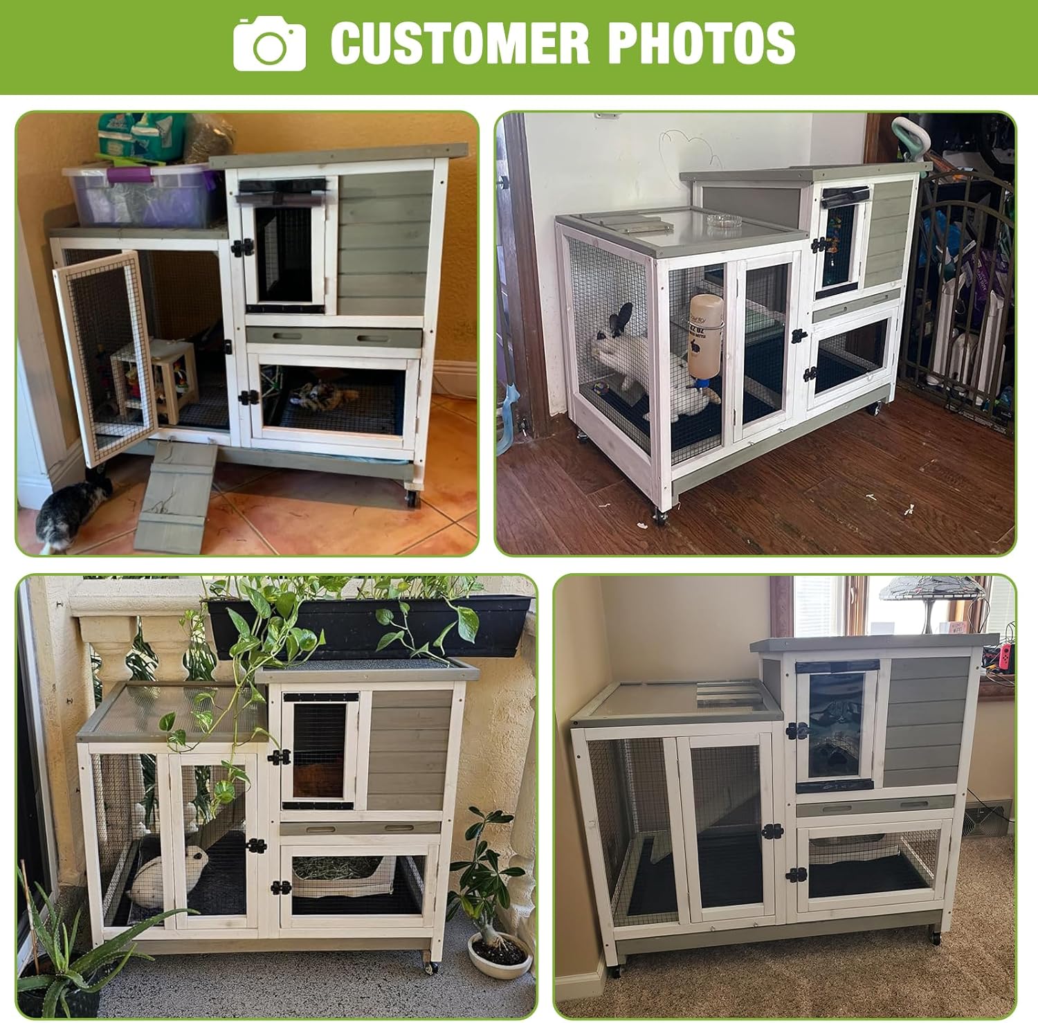 MEDEHOO Rabbit Hutch Rabbit Cage Pet Bunny House Cage with Casters Urine Baffles,4 Metal Wheels,2 Deeper Trays(Mocca Color)